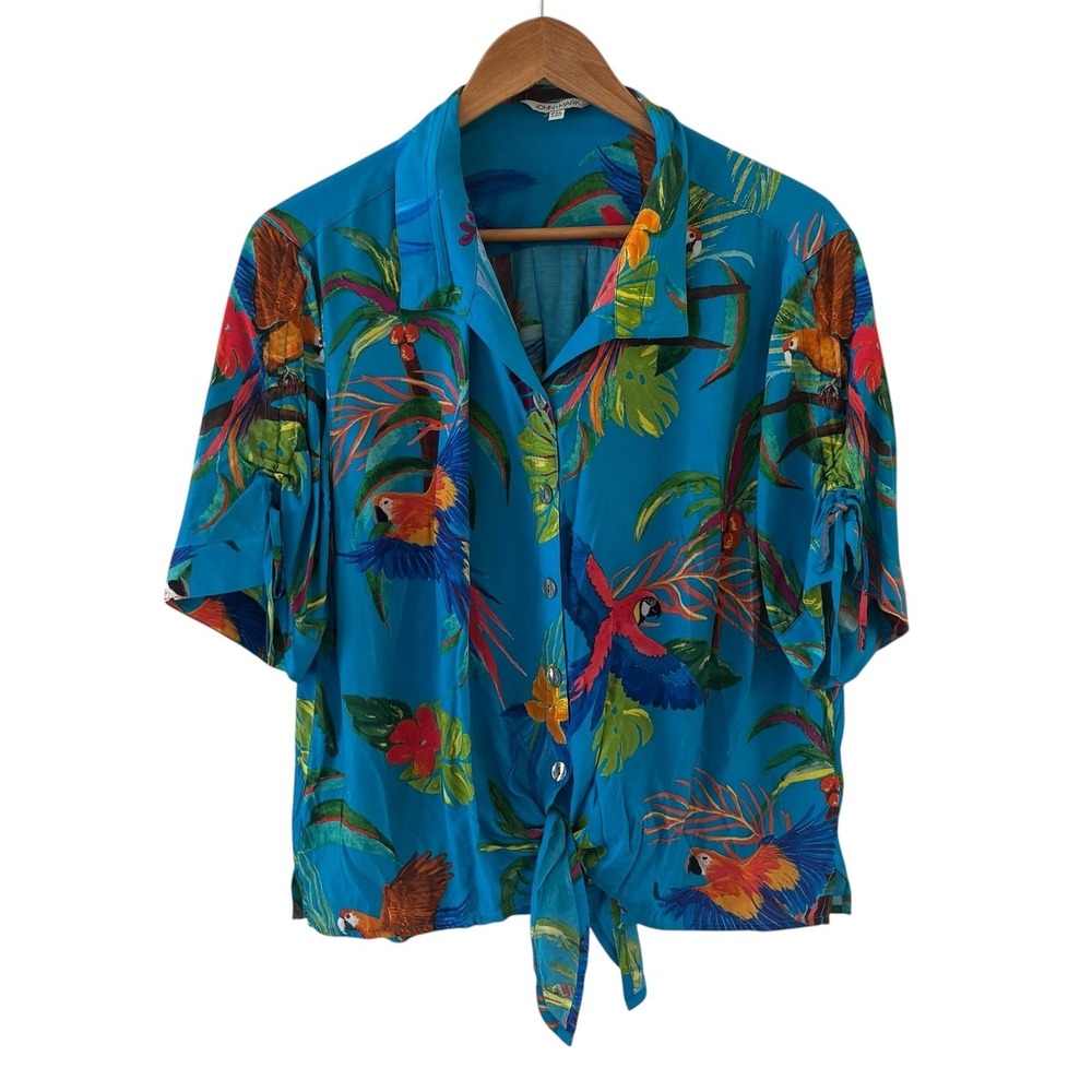 John Mark Parrot Hawaiian Button Blouse Womens PXL Blue Tropical Tie Front